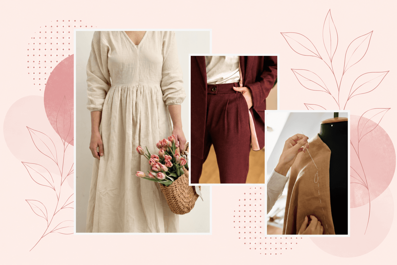 A linen dress, wool trousers, and a sewist hand-stitching fabric on a dress form